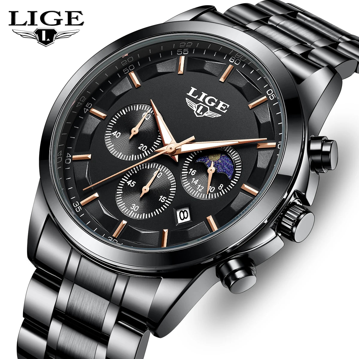 Montre Homme LIGE 2026 Luxe - Quartz Phase de Lune Calendrier Lumineux