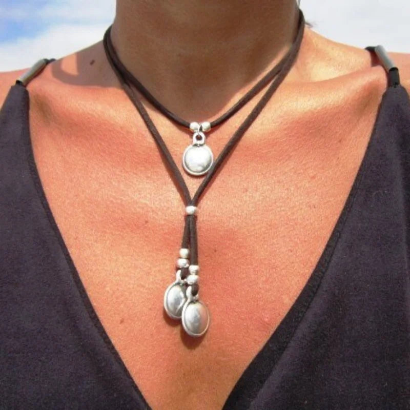 Collier Femme Bohème Cuir Pendentif Perles - Bijou Femme Vintage Fait Main