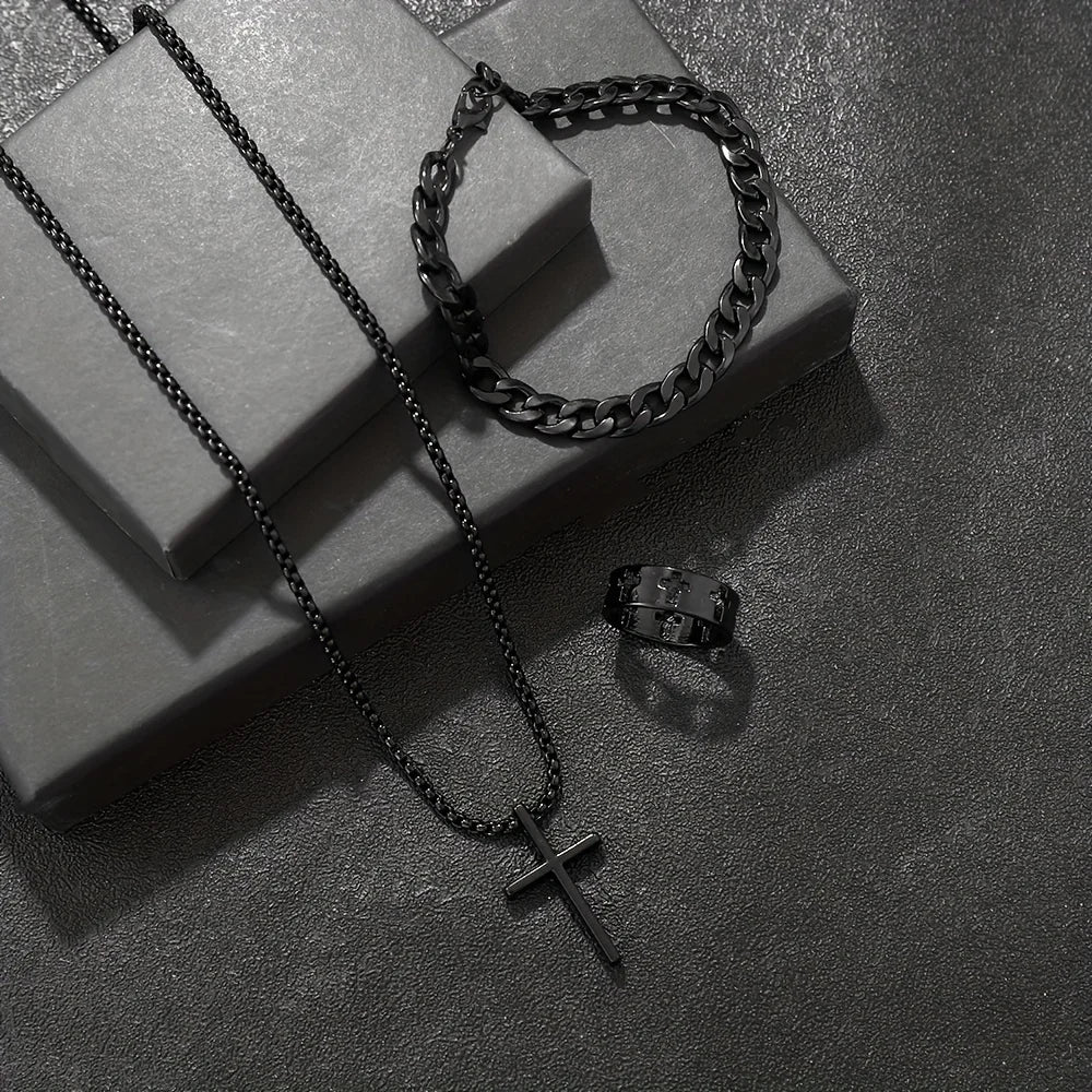 Ensemble Bijoux Homme 3 Pièces Alliage - Collier Pendentif Croix, Bracelet & Bague