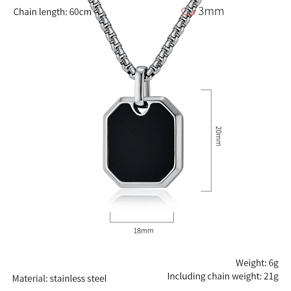 Collier Pendentif Carré Noir Unisexe - Acier Inoxydable Classique Homme Femme
