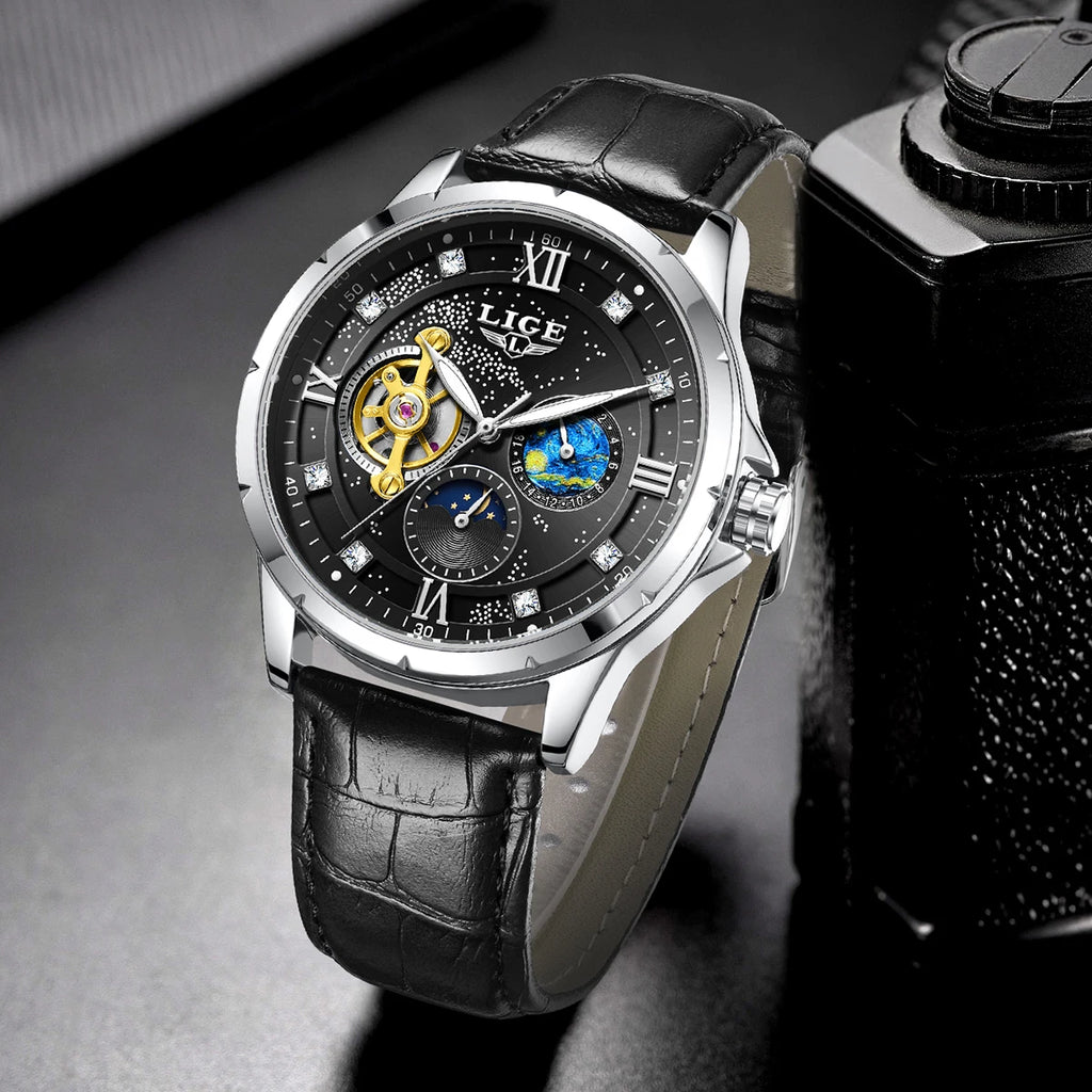 Montre Automatique Homme LIGE 2026 - Mécanique Phase de Lune Bracelet Cuir