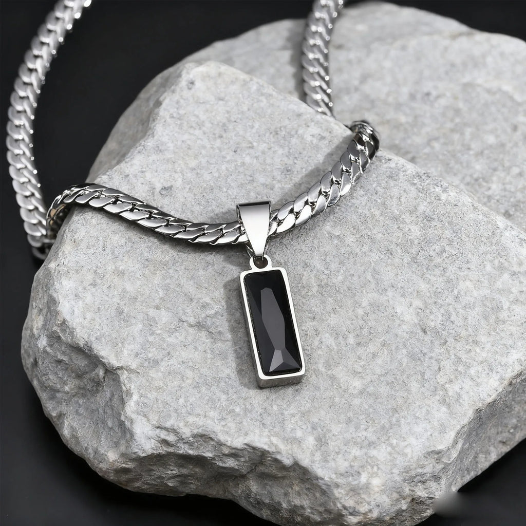 Collier Homme Chaîne Cubaine Acier Inoxydable Pendentif Pierre - Bijou Hip-Hop