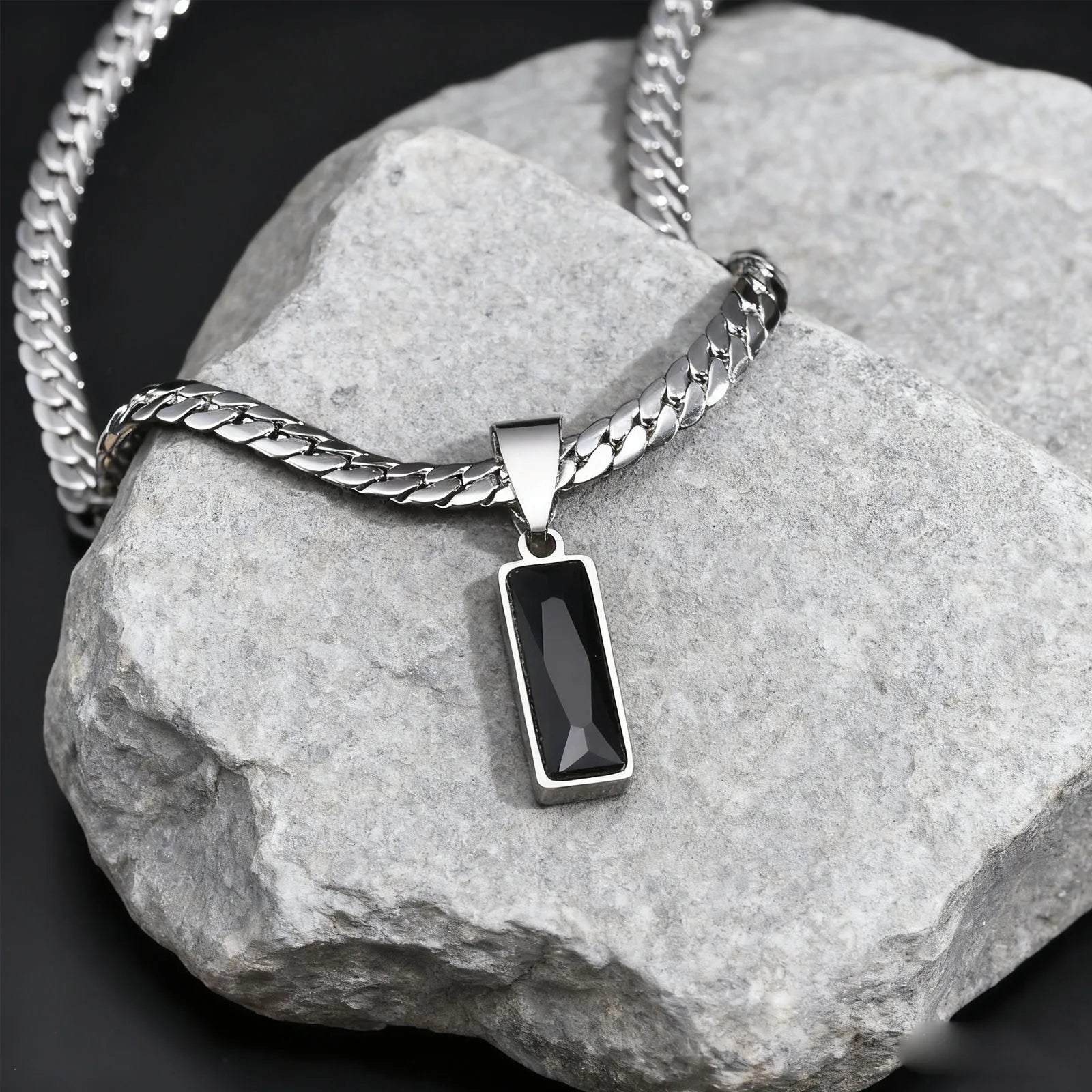 Collier Homme Chaîne Cubaine Acier Inoxydable Pendentif Pierre - Bijou Hip-Hop