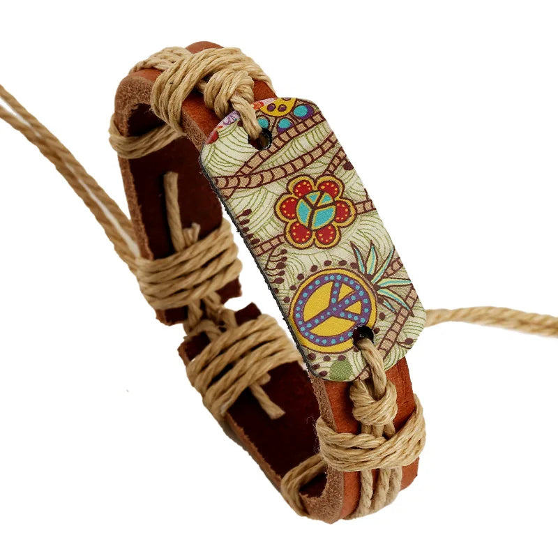 Bracelet Hippie Rétro Cuir Ajustable Motif Floral Femme - Fait Main