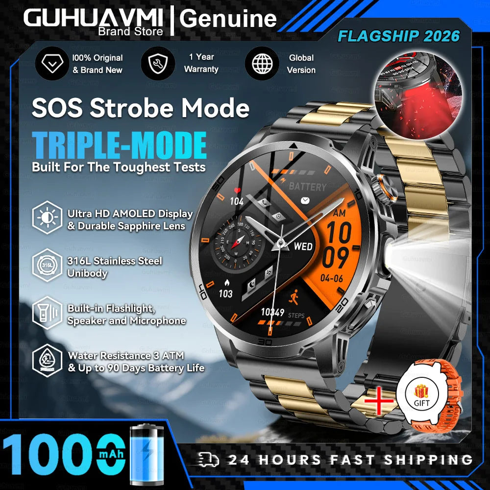 Montre Connectée Militaire T-REX 3 Ultra 2026 - 1000mAh, 5ATM Étanche 50m, AMOLED 1.85", GPS, Lampe Torche