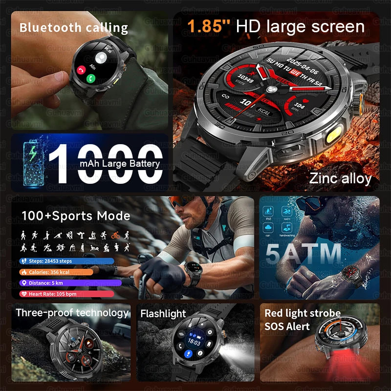 Montre Connectée Militaire T-REX 3 Ultra 2026 - 1000mAh, 5ATM Étanche 50m, AMOLED 1.85", GPS, Lampe Torche