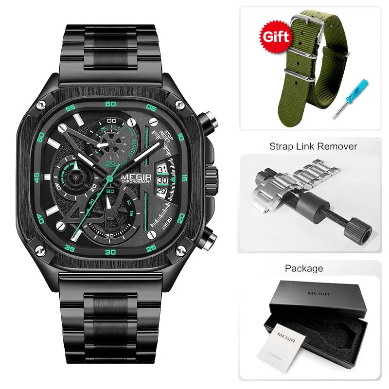 MEGIR - Montre Homme à Quartz Étanche Cadran Carré -Bracelet en acier Inoxydable et Aiguilles Lumineuses