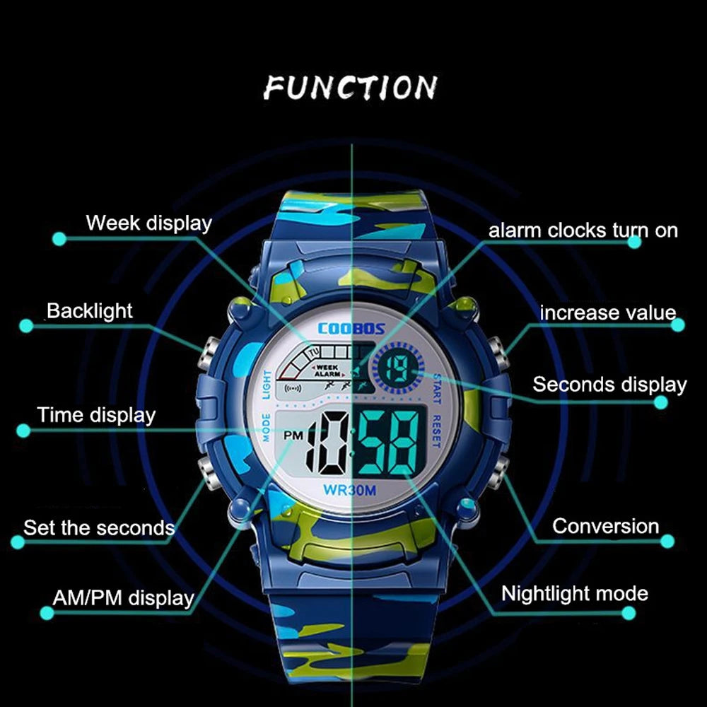 MOONBIFFY - Montre Enfant Militaire Sport Digitale LED - Alarme - Lumineux - Étanche 3 ATM - Camouflage