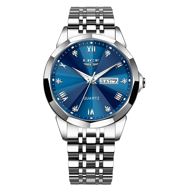 LIGE - Montre Femme Quartz Luxe - Bracelet Acier Bicolore Or/Argent - Cadran Bleu - Étanche 3 ATM