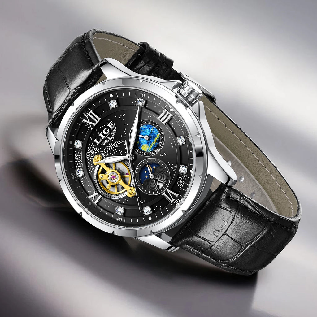 Montre Automatique Homme LIGE 2026 - Mécanique Phase de Lune Bracelet Cuir