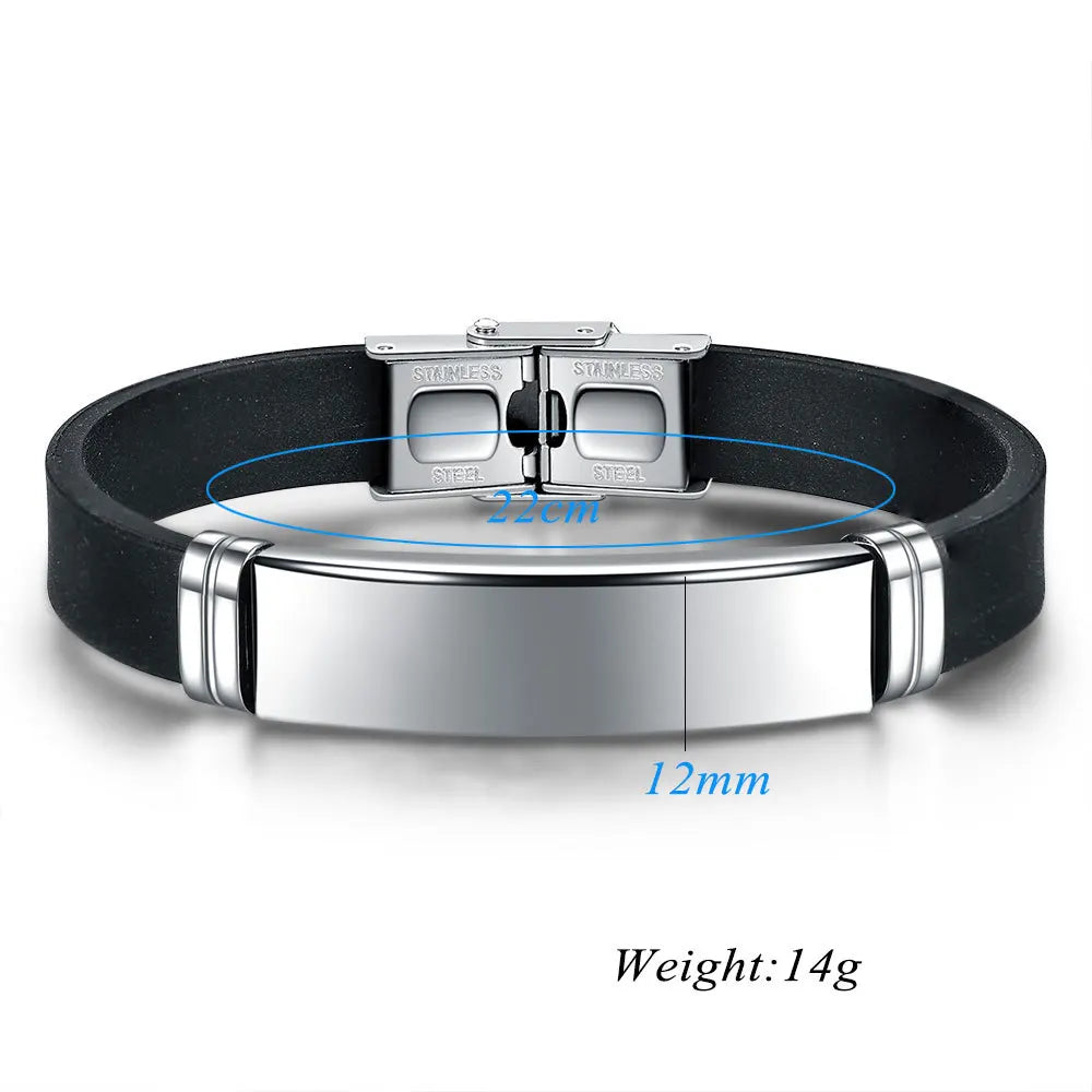 Bracelet Homme Silicone Noir Acier Inoxydable - ID Classique 22cm