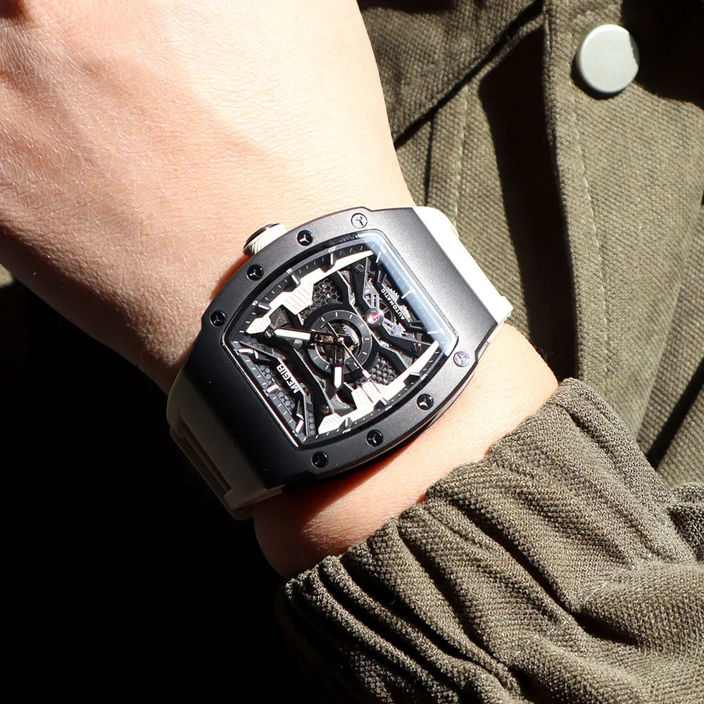 MEGIR - Montre Homme MEGIR 8604 Mécanique Automatique Squelette - Boîtier Tonneau Acier - Bracelet Silicone