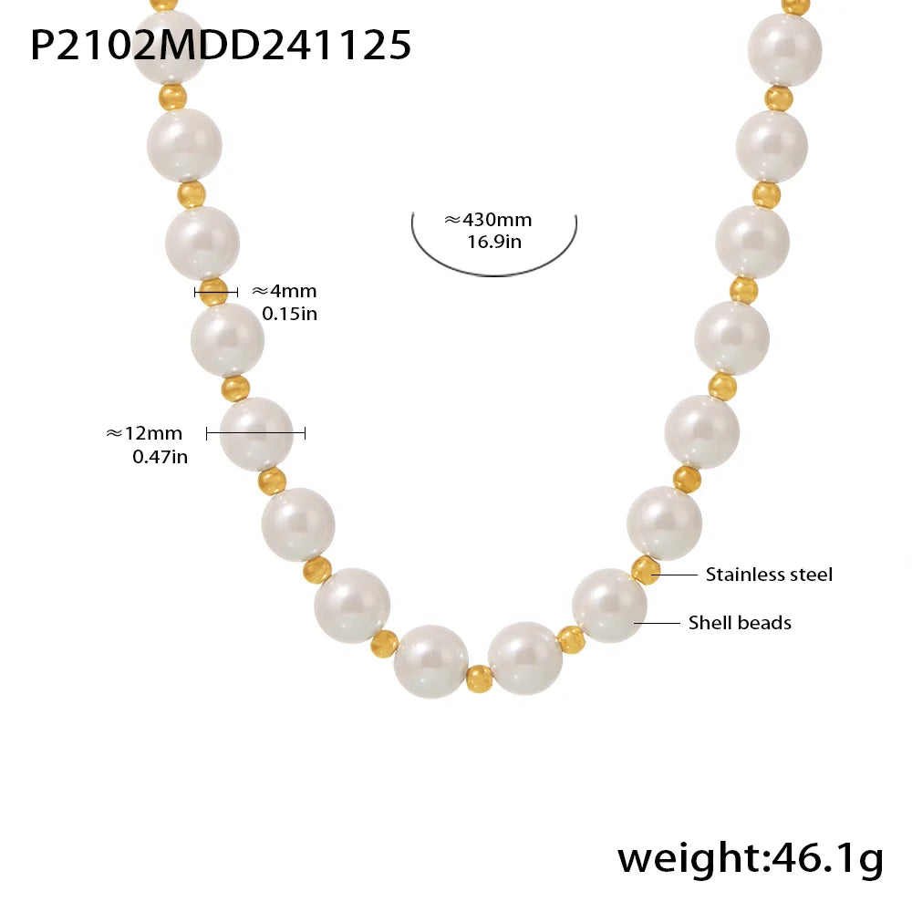 Collier Femme Chaîne Clavicule Inaltérable - Perles Coquillage Blanc 12mm Acier Inoxydable