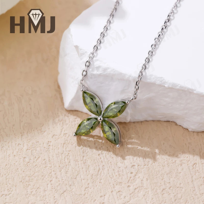 Collier Pendentif, Boucles d'Oreilles Puces, Trèfle à Quatre Feuilles, Moissanite Marquise, Argent Sterling 925