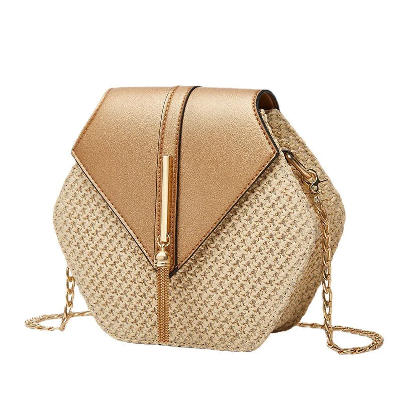 Sac à Main Hexagonal Paille Rotin - Sac Plage Bohème Tissé Main Chaîne Été