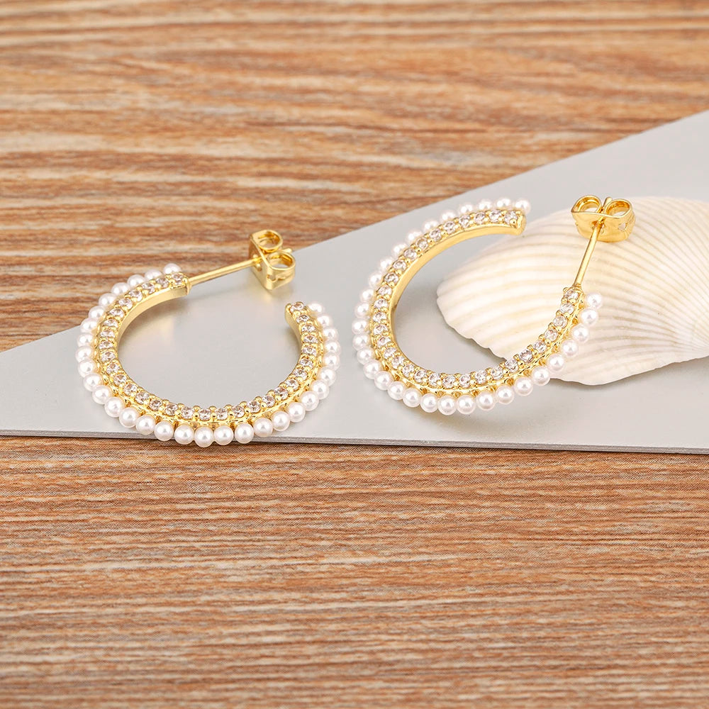 Boucles d'Oreilles Femmes Forme C Perles Zircon Doré - Bijou Femme Rétro