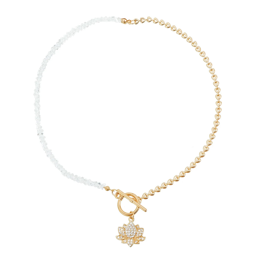 Collier Pendentif Lotus Strass et Pompon - Perles Cristal Noir Triangulaire Femme