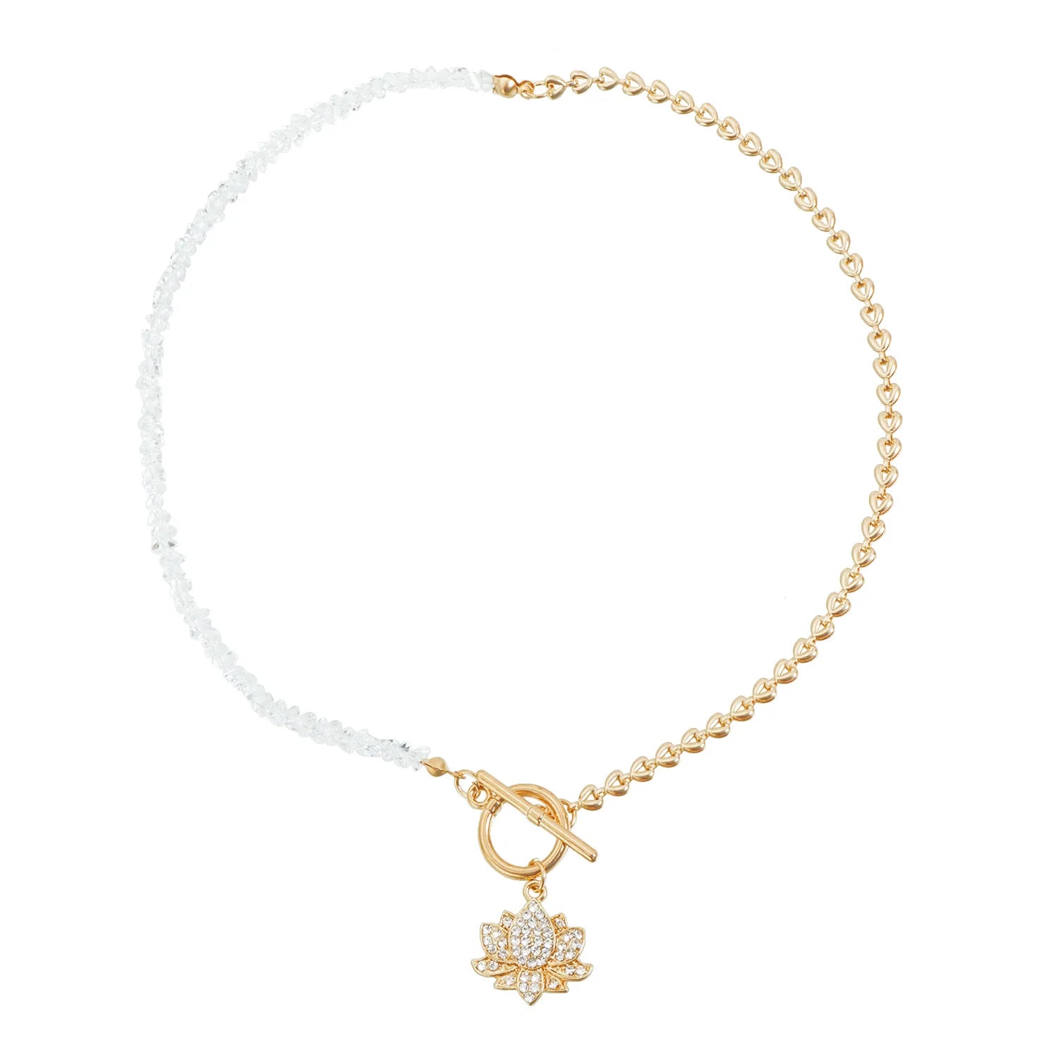 Collier Pendentif Lotus Strass et Pompon - Perles Cristal Noir Triangulaire Femme