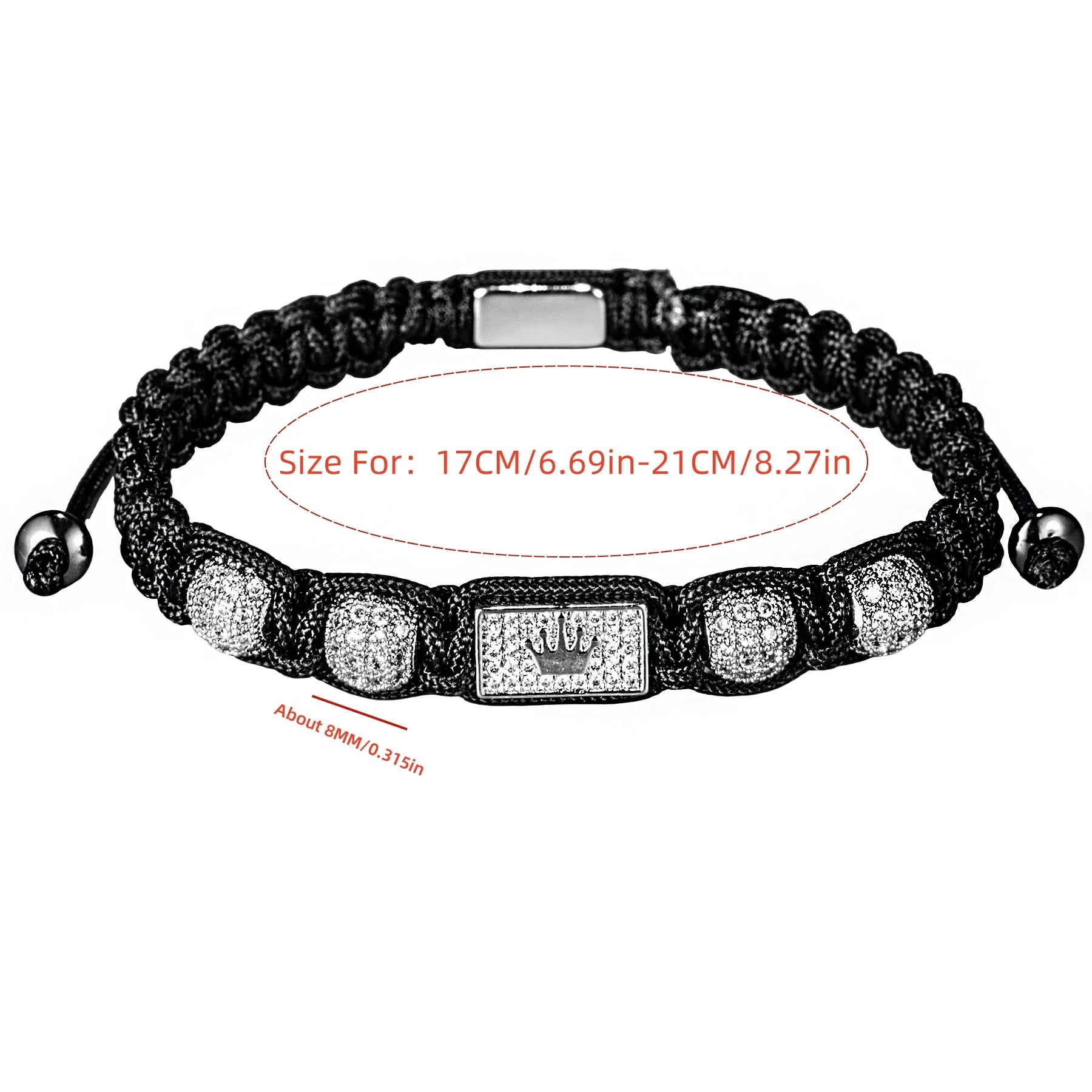 Bracelet Tressé Noir Ajustable Homme Design Couronne Zircones - Hip-Hop