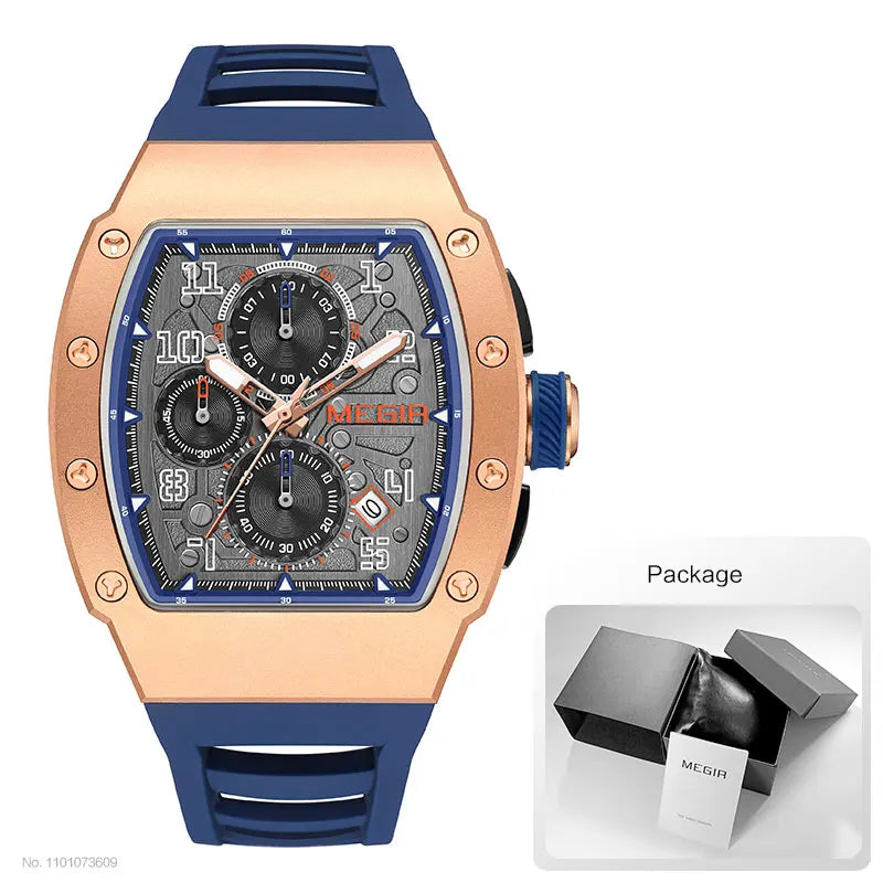 MEGIR - Montre Homme MEGIR Sport Chronographe Carrée - Cadran Bleu - Bracelet Acier - 24H - Étanche 3 ATM