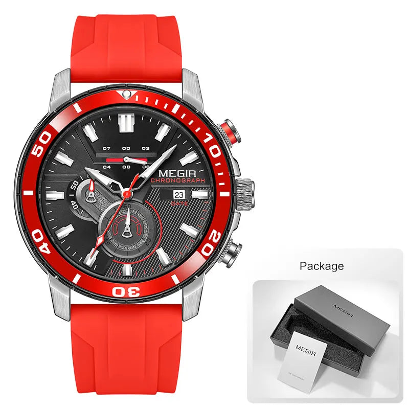 MEGIR - Montre Homme MEGIR Sport Chronographe Orange - Bracelet Silicone - Étanche 3 ATM - Lumineux
