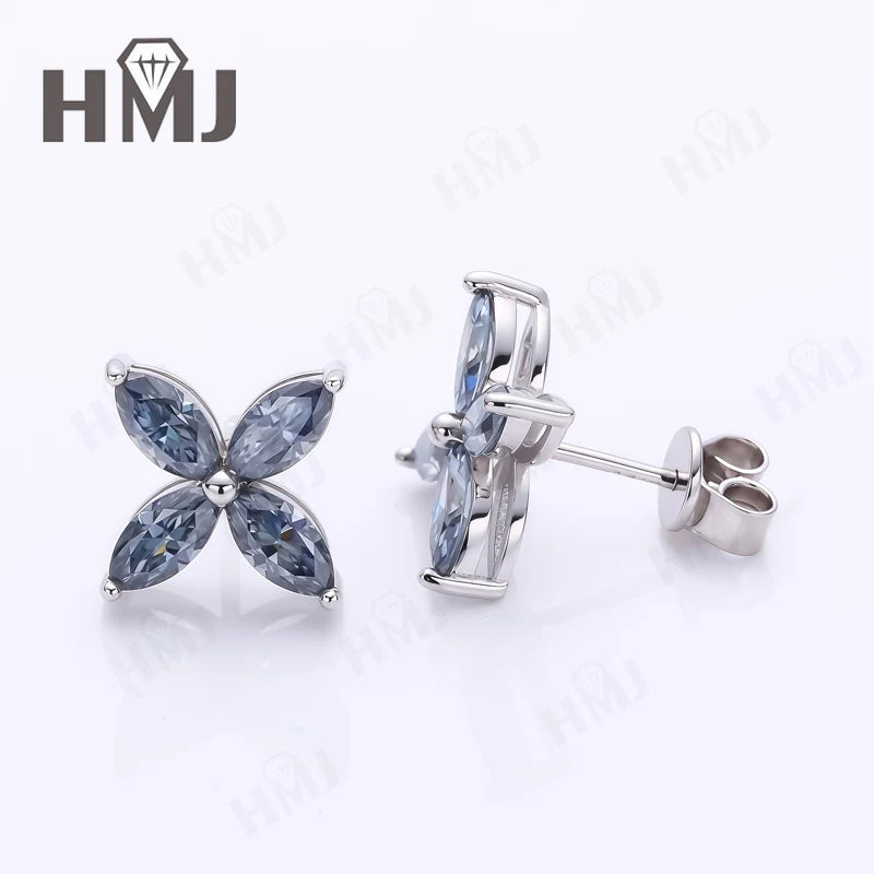 Collier Pendentif, Boucles d'Oreilles Puces, Trèfle à Quatre Feuilles, Moissanite Marquise, Argent Sterling 925