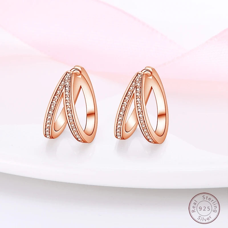 Boucles d'Oreilles Femmes Argent 925 Or Rose Torsadées - Bijou Femme Élégant