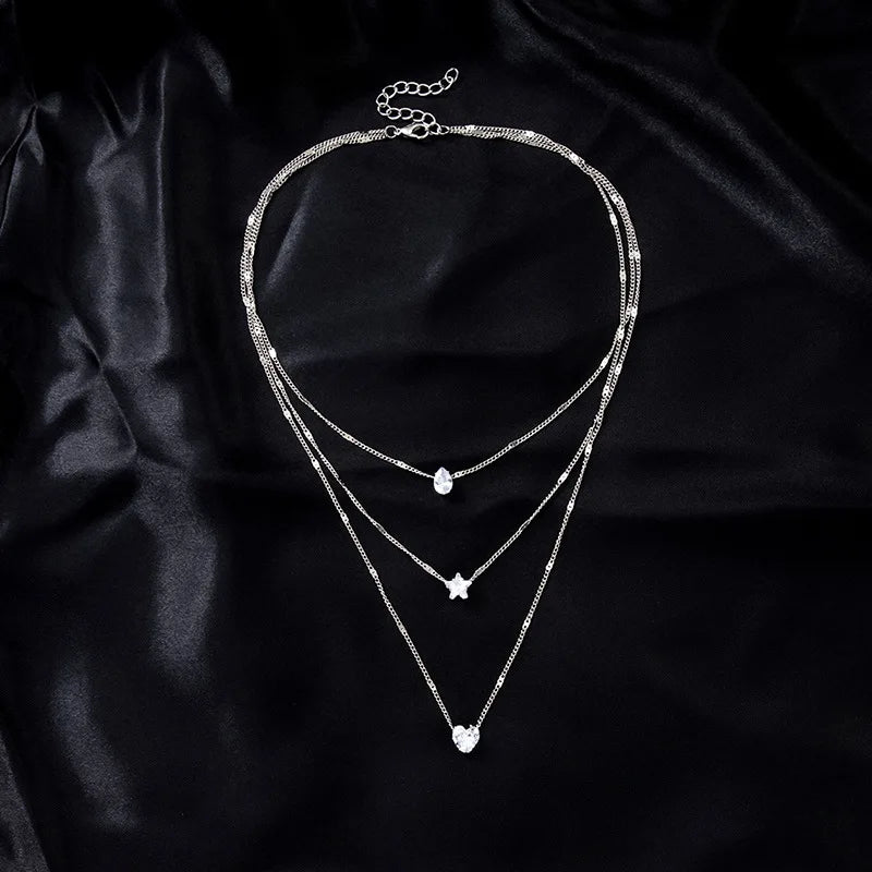Collier Multi-Rangs Pendentif Zircon - Bijou Femme Tendance Choker