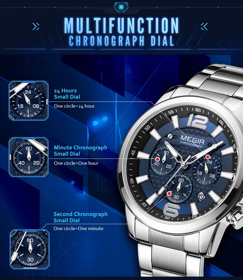 MEGIR - Montre Homme 2156 Luxe Affaires Mode Quartz Chronographe Lumineux Étanche Calendrier Acier Inoxydable
