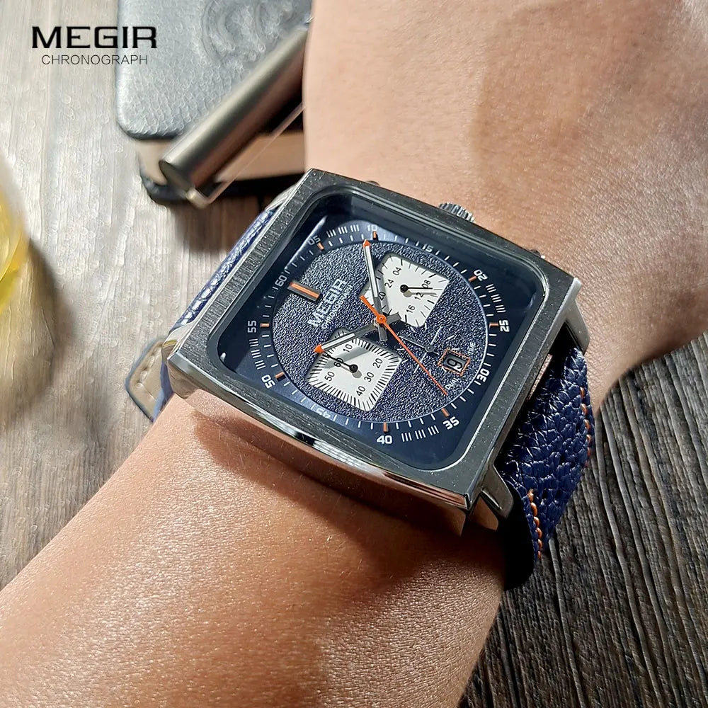 MEGIR - Montre Homme Cadran Carré Bleu - Bracelet Cuir - Chronographe 24H - Étanche 3 ATM