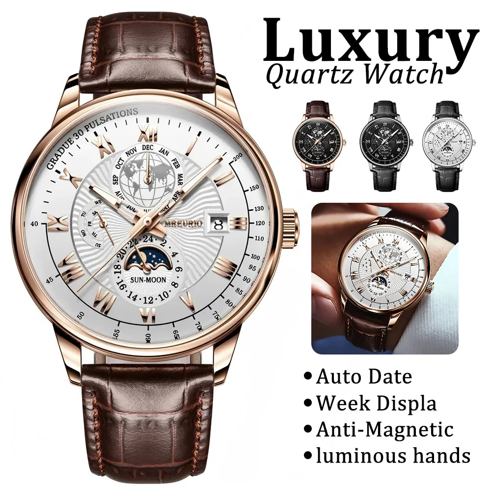 Montre Homme Sport Luxe 2026 - Bracelet Cuir Étanche Lumineux Quartz Date