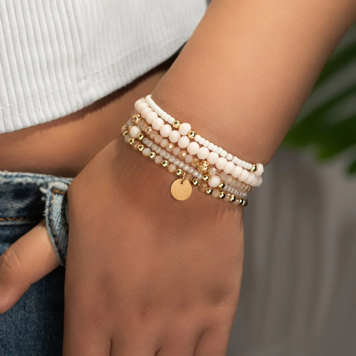 Bracelet - Ensemble 5 Bracelets Femme Perles Résine - Pièce Ronde Charme Élastique Chaîne Bangle Vacances