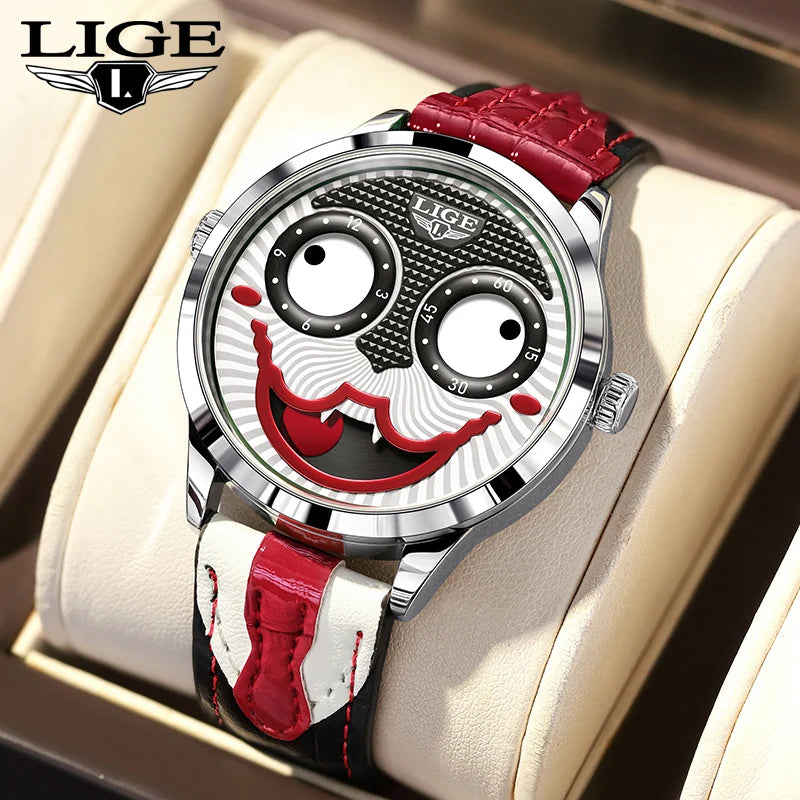 LIGE - Montre Homme 2025 Clown Mode Quartz Bracelet En Cuir Étanche Cool Joker