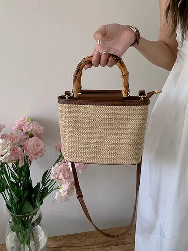 Sac à Main Femme en Paille Tressé - Anse en Bois - Style Bohème Été