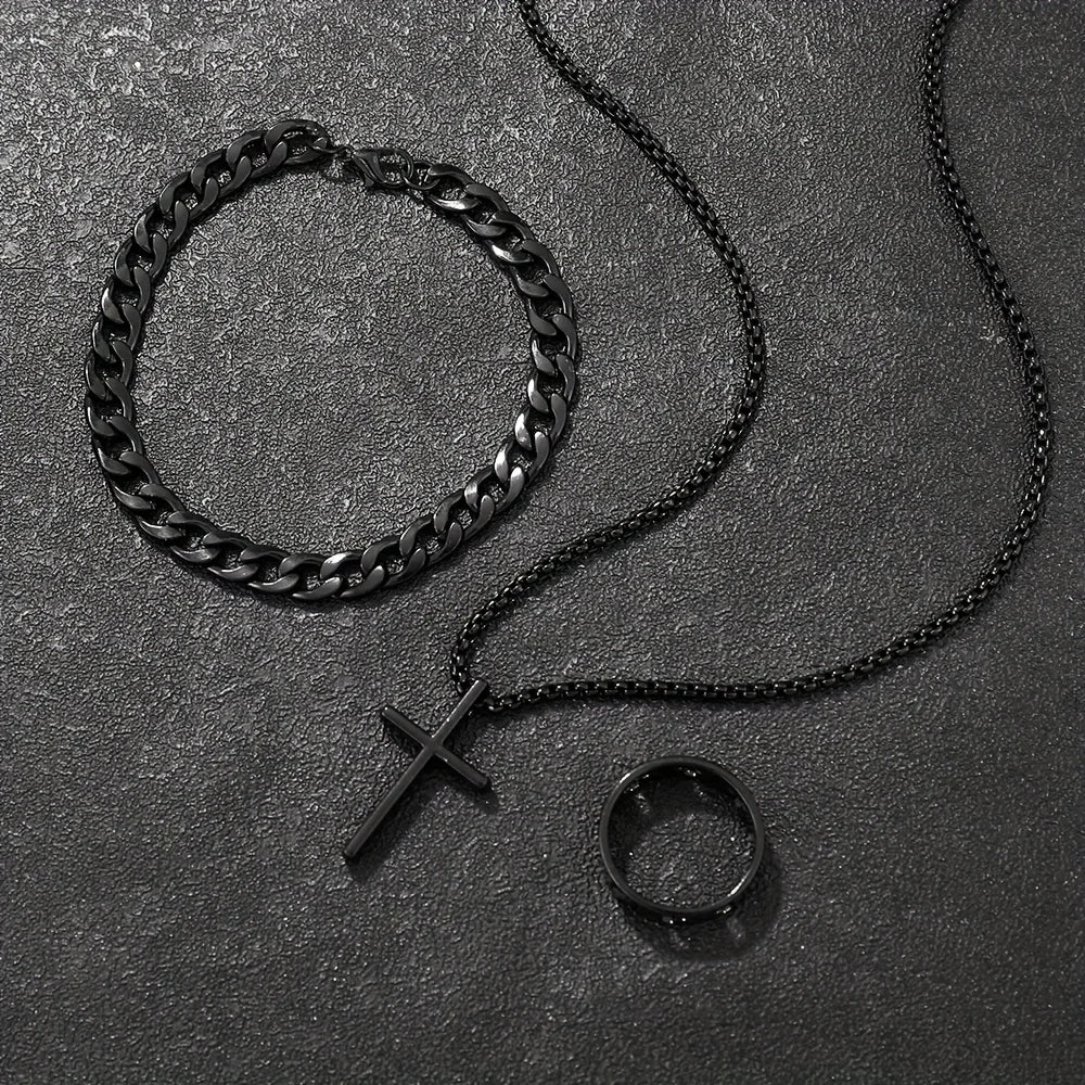Ensemble Bijoux Homme 3 Pièces Alliage - Collier Pendentif Croix, Bracelet & Bague