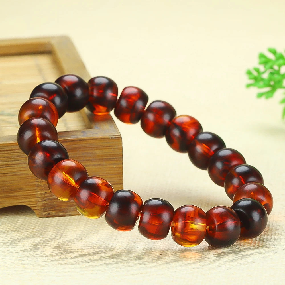 Bracelet Ambre Rouge Naturel Homme Femme - Pierre Guérison Baltique Perles Tonneau Unisexe