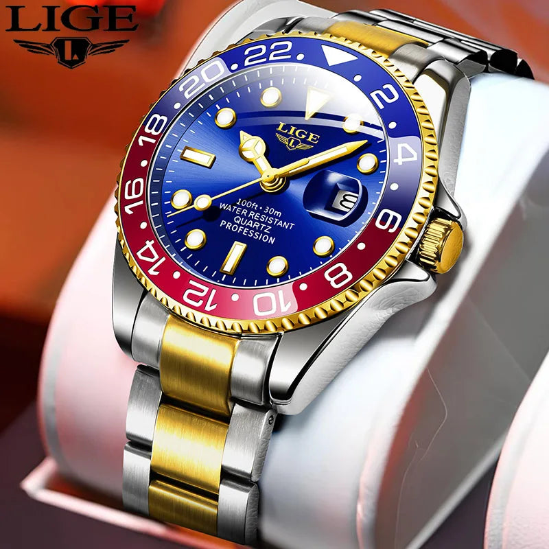 LIGE - Montre Homme 2025 Lumineuse - Acier Bicolore Or/Argent - Lunette Bleue Rouge - Étanche 3 ATM