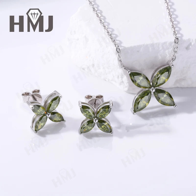 Collier Pendentif, Boucles d'Oreilles Puces, Trèfle à Quatre Feuilles, Moissanite Marquise, Argent Sterling 925
