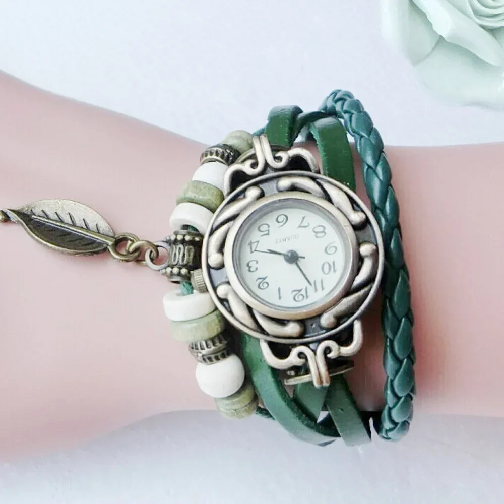 MOONBIFFY - Montre Bracelet Femme Vintage Cuir - Petit Cadran - Breloque Décorative - Style Bohème