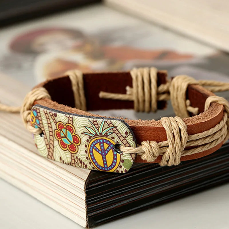Bracelet Hippie Rétro Cuir Ajustable Motif Floral Femme - Fait Main