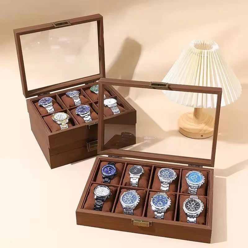 Boîte à Montres Bois Noyer 12 Emplacements - Vitrine Verre - Protection Luxe - Rétro