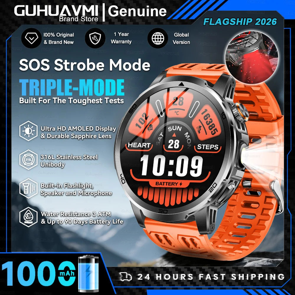 Montre Connectée Militaire T-REX 3 Ultra 2026 - 1000mAh, 5ATM Étanche 50m, AMOLED 1.85", GPS, Lampe Torche