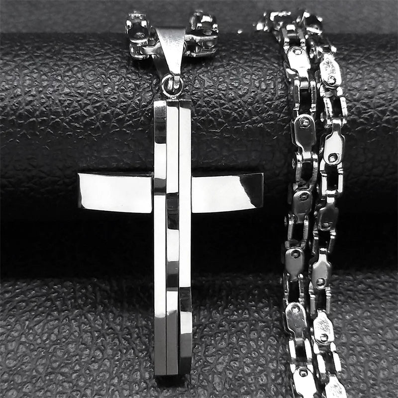Collier Pendentif Croix Hip-Hop Acier Inoxydable - Bijou Homme Argenté