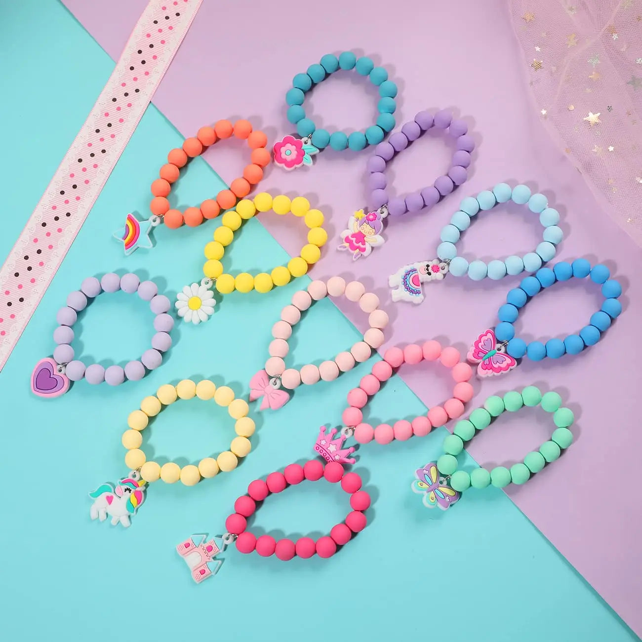 Ensemble 12 Bracelets Élastiques Perles Fille - Couronne Papillon Licorne
