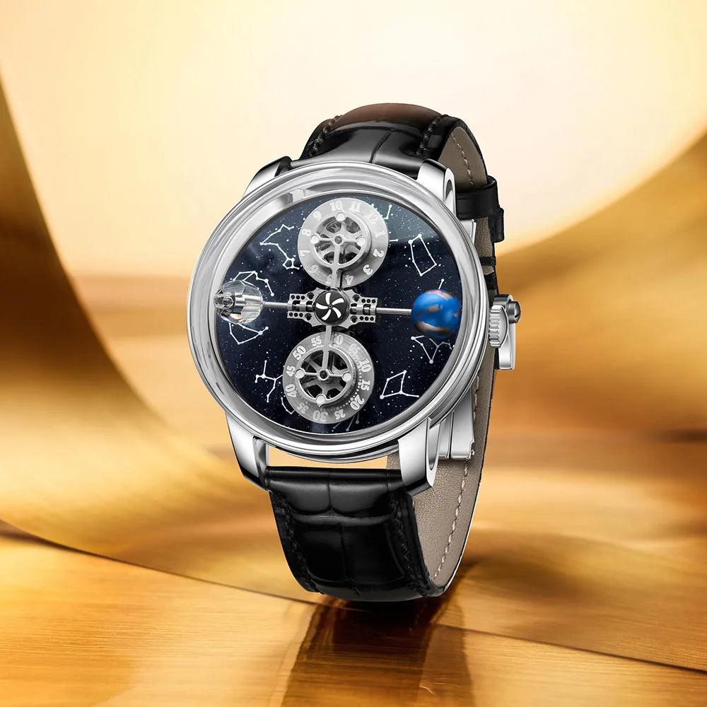 PINDU - Montre Homme Mécanique Automatique Squelette - 12 Constellations - Verre Saphir - Bracelet Maille Acier