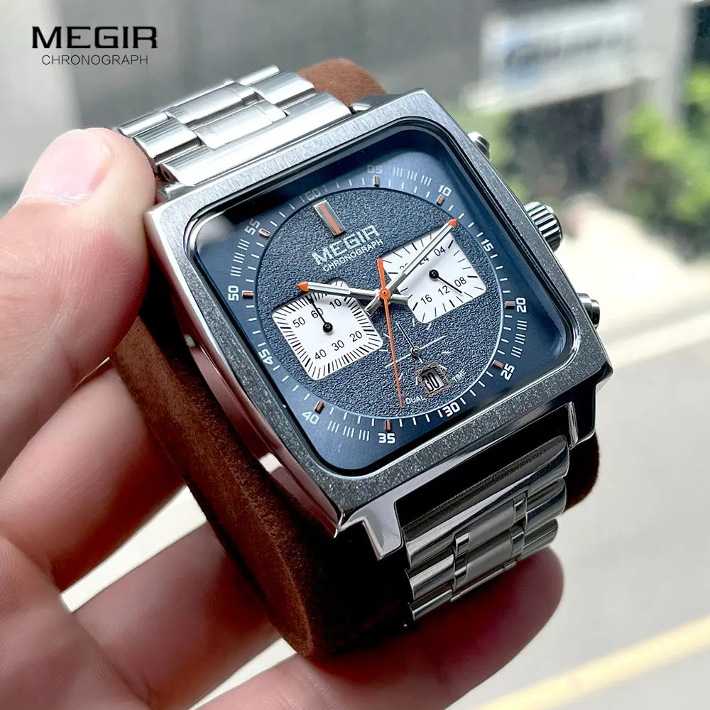 MEGIR - Montre Homme 2182 Sport Chronographe Carrée - Cadran Bleu - Bracelet Acier - 24H - Étanche 3 ATM