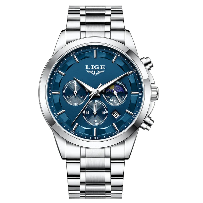 Montre Homme LIGE 2026 Luxe - Quartz Phase de Lune Calendrier Lumineux
