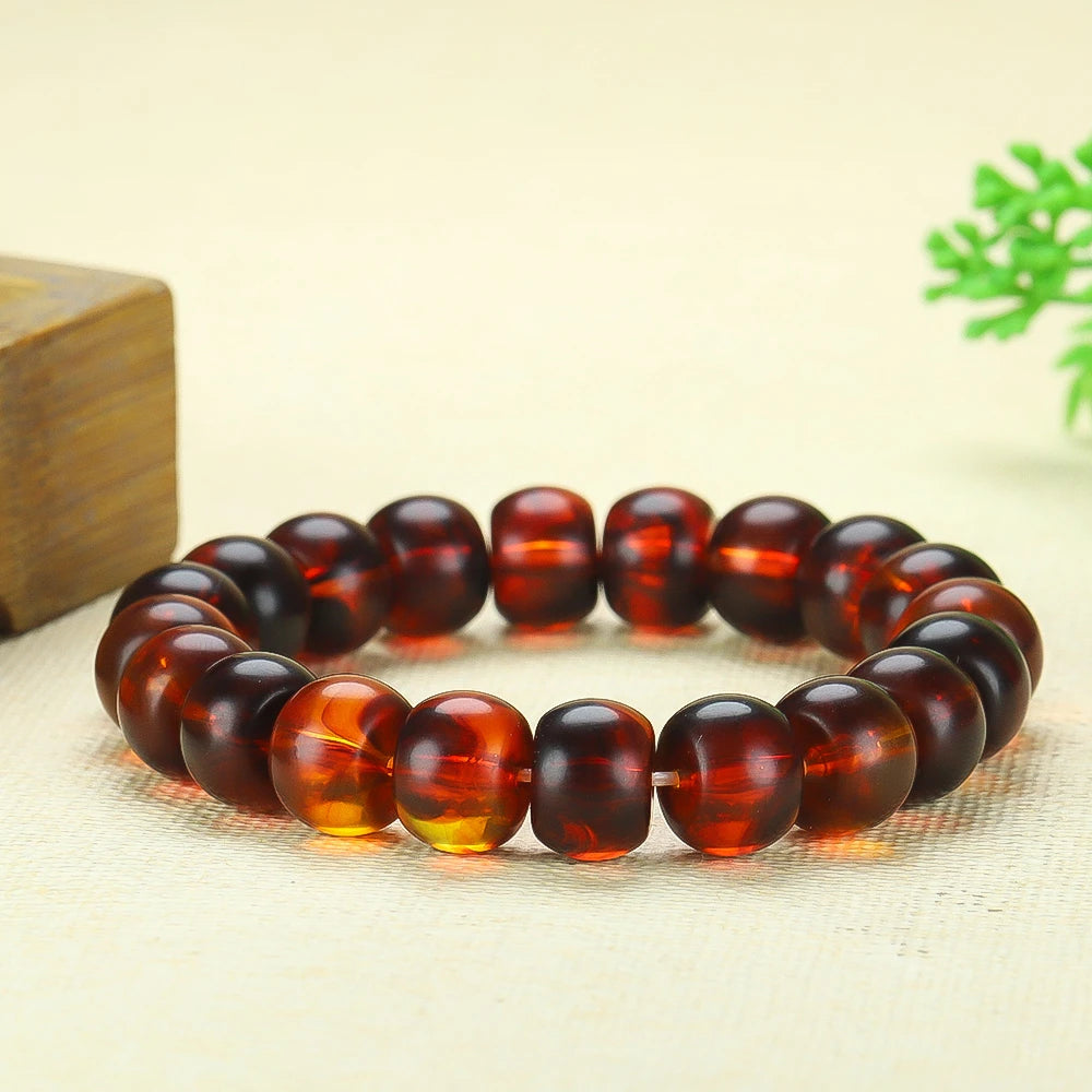 Bracelet Ambre Rouge Naturel Homme Femme - Pierre Guérison Baltique Perles Tonneau Unisexe