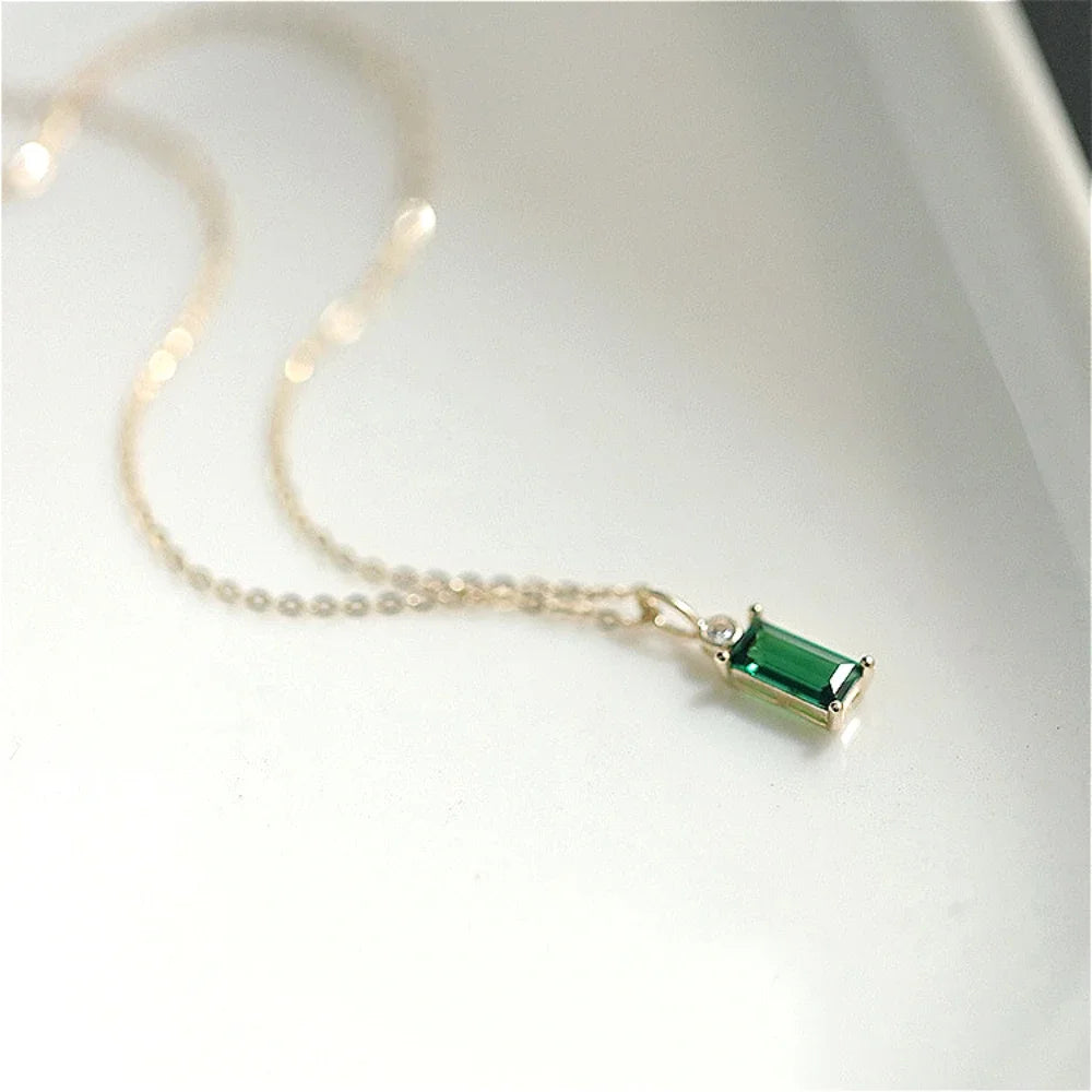 Collier Pendentif Argent Sterling 925 Zircon Émeraude - Plaqué Or 14K Vintage