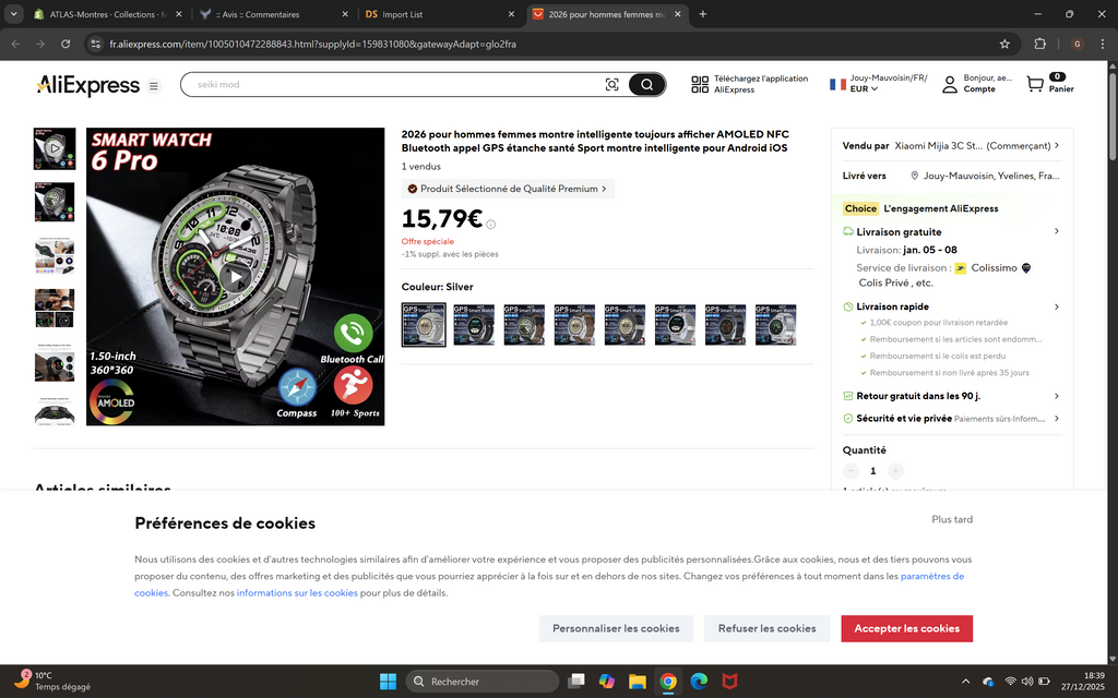 Montre Connectée Sport 2026 AMOLED NFC - Always Display, Appels Bluetooth, GPS, IP67, 30 Jours Autonomie